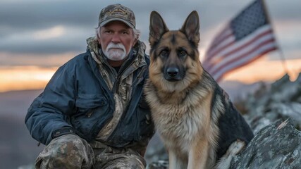 Sunset-lit scene of a veteran and his German Shepherd, both alert and proud, with the US flag waving behind them, capturing themes of honor, loyalty, and patriotism