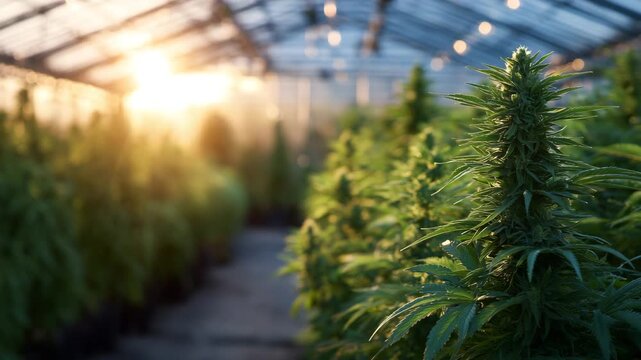 Sunset-lit greenhouse aisle, golden rays streaming through the glass roof, illuminating rows of vibrant cannabis plants in pots, lush green buds glowing in warm evening light.
