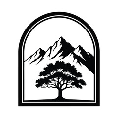 Minimalist mountain range with leafy tree in arched frame vector, nature landscape illustration.
