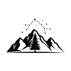 Minimalist mountain range with fir tree and star constellation vector, celestial nature landscape.