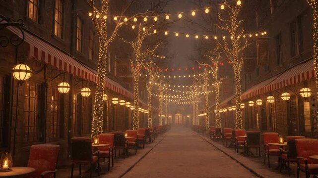A warmly lit empty European street decorated with string lights and caf&eacute; seating, creating a cozy, romantic, and atmospheric evening scene.