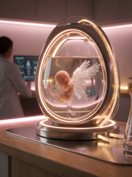 Surreal sci-fi scene of a winged baby fetus floating in a glowing transparent artificial womb pod in a modern medical lab. Concept of bioengineering, fertility technology, and human evolution.