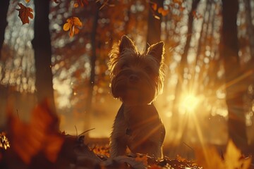 A silhouetted dog stands amidst autumn leaves, illuminated by warm sunlight filtering through trees in a serene forest setting.
