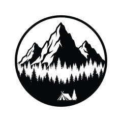 Minimalist mountain range with dense fir forest and camping tent in circular frame vector.