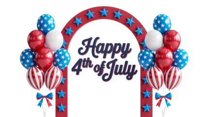 Happy 4th of july patriotic arch with red, white, and blue balloons and star decoration isolated on transparent background