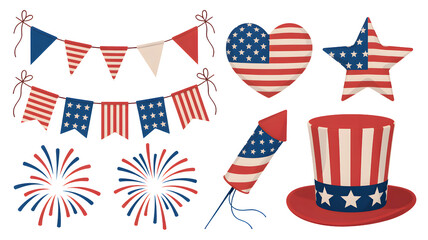 Vibrant collection of patriotic american celebration elements for independence day isolated on transparent background