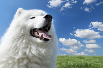 A happy, fluffy white dog smiles under a blue sky with fluffy clouds, surrounded by green grass.