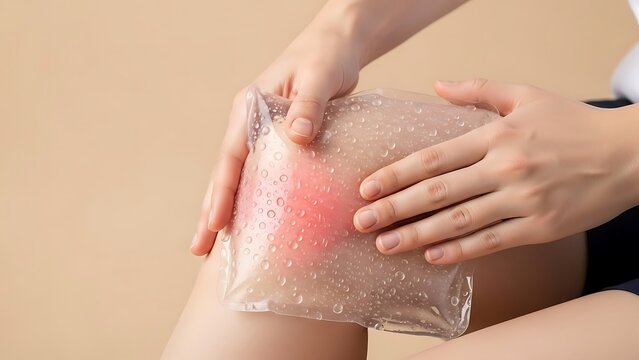 Person Applying Ice Pack to Knee for Pain Relief, Injury Recovery and First Aid