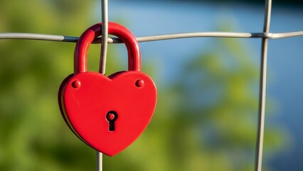 Vibrant red heart padlock symbolizes lasting love and commitment on a rustic fence