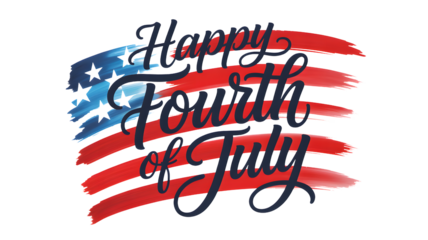 Happy fourth of july greeting with artistic brushed american flag design isolated on transparent background