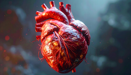 Detailed 3D rendering of human heart anatomy with visible veins and arteries realistic view detail x