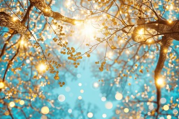 A sparkling scene of illuminated branches against a soft blue background, creating a magical and whimsical atmosphere.