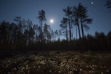 A serene night scene featuring tall trees and a field of flowers under a bright moonlit sky.