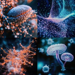 Abstract scientific visuals of interconnected organic forms, displaying intricate details of possible microorganism structures.