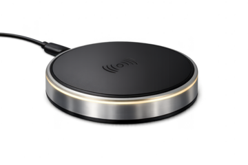 Modern wireless charger on transparent background with black cable