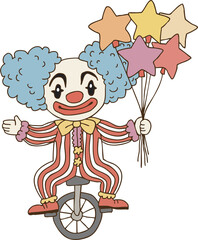 Fototapeta premium Color illustration drawing of a bald clown with curly hair, wearing a red striped jumpsuit, holding colorful star balloons while riding a unicycle, pierrot crown