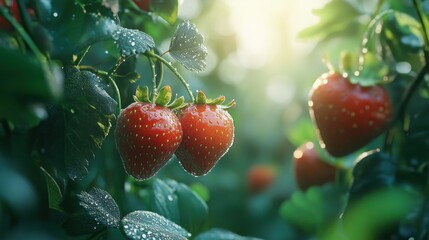 Fresh strawberries on the vine, glistening with morning dew. Sunlight streams through the leaves of a lush strawberry field.