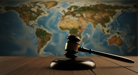 Wooden Gavel for Justice Placed on a Table with a Blurred World Map Background for Global Law Concepts