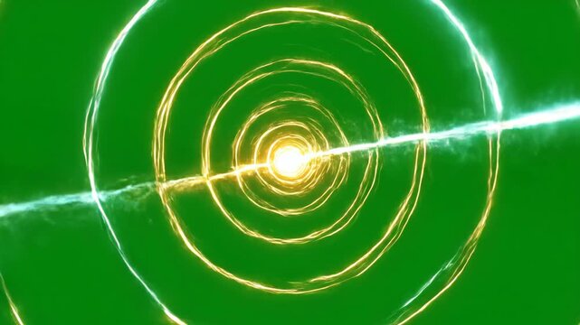 Luminous light spiral winding and unwinding on green screen. Golden energy burst with glowing trails. Abstract magic spell or sci-fi VFX element for compositing