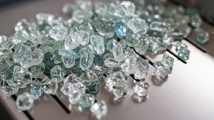 shattered sea glass pieces on vibrating metal conveyor belt for recycling industry blogs, sustainable manufacturing websites, glass art articles, industrial processing presentations on bokeh backgroun