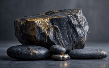 Close-up of black rock with gold streaks balanced by smooth, smaller stones. Dark background creates contrast. Textured surfaces displayed