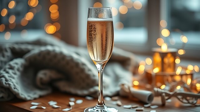 dcf. A champagne flute with golden bubbles on a wooden table beside a cozy blanket and festive confetti. bar promotions, beverage menus, designed for food & beverage menus and cafe branding.