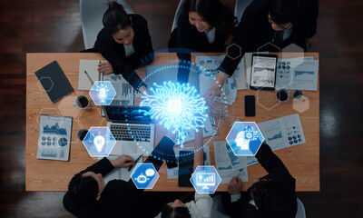 A diverse team of professionals engages in an innovative meeting, exploring artificial intelligence concepts with data visualizations and strategic planning in a modern office environment. Trope