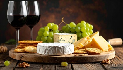 Delicious wine and cheese platter with crackers and grapes on wooden board