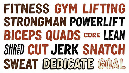 Obraz premium Retro Vintage Fitness Typography Collection with Strength Training and Bodybuilding Motivational Keywords