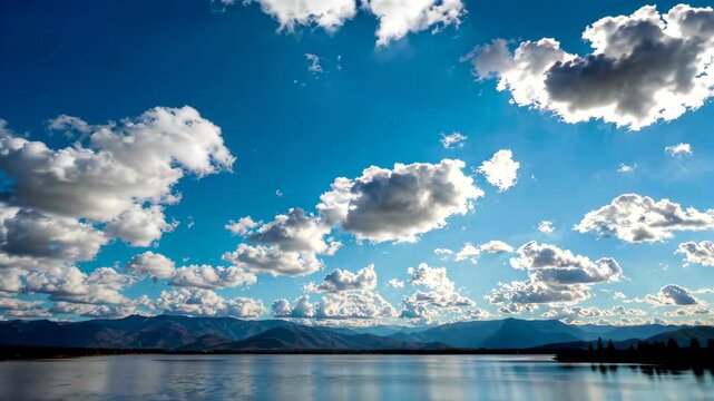 Landscape under the blue sky and white clouds, lakes and mountains, clouds rolling and relaxing