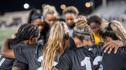 Female soccer players in a huddle, showcasing teamwork and determination on the field at night