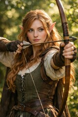 A beautiful elven archer with long red hair aims her wooden bow while standing in a sunlit forest setting.