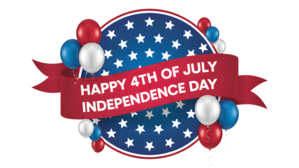 Festive 4th of july independence day celebration design with patriotic balloons and stars isolated on transparent background