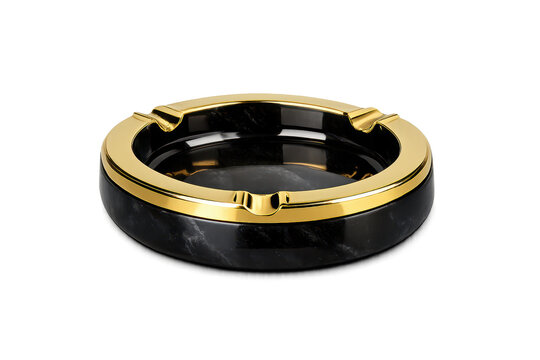 Elegant marble ashtray with gold trim on transparent background view.