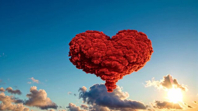 Love-shaped clouds in the blue sky, romantic confession of red hearts
