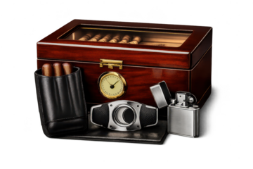 Elegant Humidor Set with Cigar Lighter on transparent background.