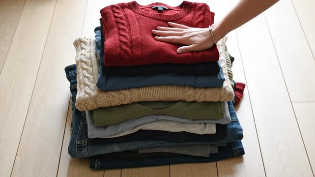 A person stacks a folded red sweater onto a pile of clean clothes. Organizing a wardrobe for the season. Decluttering and laundry concept