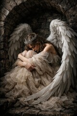 A sorrowful winged angel wearing a silver crown sits huddled within a dark and ancient stone alcove.