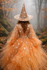 A mystical witch in a shimmering orange celestial gown stands amidst a foggy autumn forest.