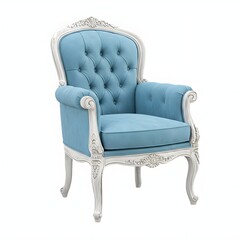 Fototapeta premium Elegant light blue upholstered armchair with ornate white wooden frame and tufted backrest, isolated on white background generative ai illustration