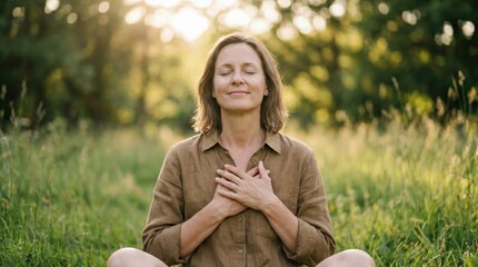 Mature woman meditating with closed eyes and hands over heart, sitting peacefully in sunlit natural meadow, mental wellness and self-connection concept.