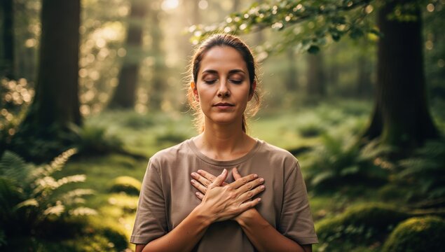Woman standing in meditation with hands crossed over her chest, peaceful forest setting with warm natural light, self-care, spirituality, and gratitude concept.