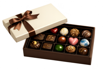 Chocolate box with ribbon on transparent background, gourmet gift.