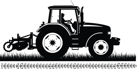 Black silhouette of modern farm tractor with driver and plow on grass field isolated on white background for agricultural design © farzana