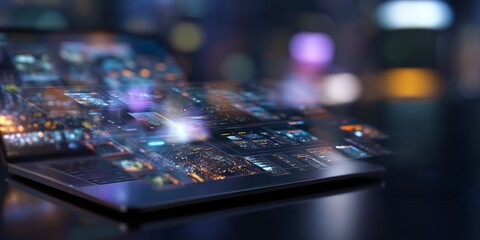 Modern laptop displaying various screens and digital interfaces at night in a city setting