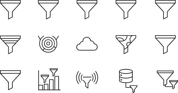 Funnel and filter outline icon set with data processing marketing analytics and conversion symbols for business and technology design