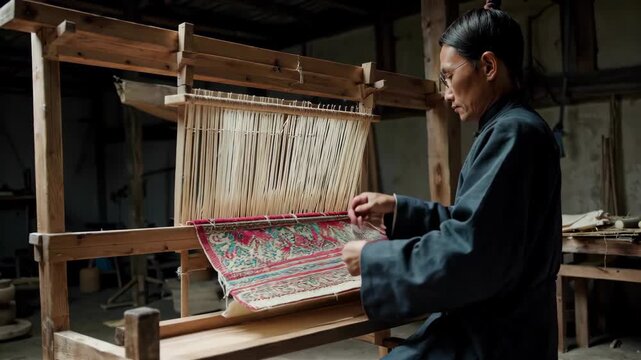 Craftsman weaving handicraft scene traditional hand weaving craft