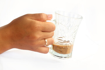 ransparent Embossed Mug with cappucino Tilted in Minimalist Composition