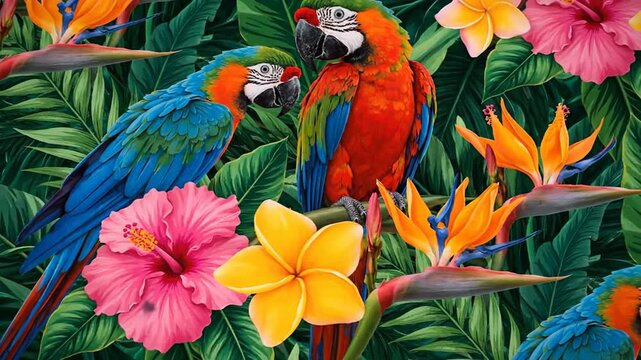 Colorful tropical birds and flowers in a vibrant arrangement.