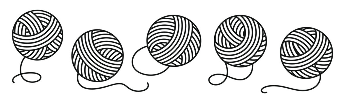 Yarn ball icon set. Black line style for knitting crocheting and sewing hobbies with minimalist wool ball vector design elements